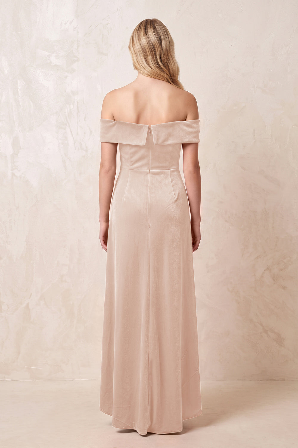 Pale Blush Off-the-Shoulder Sheath Velvet Midi Bridesmaid Dress - KISSPROM