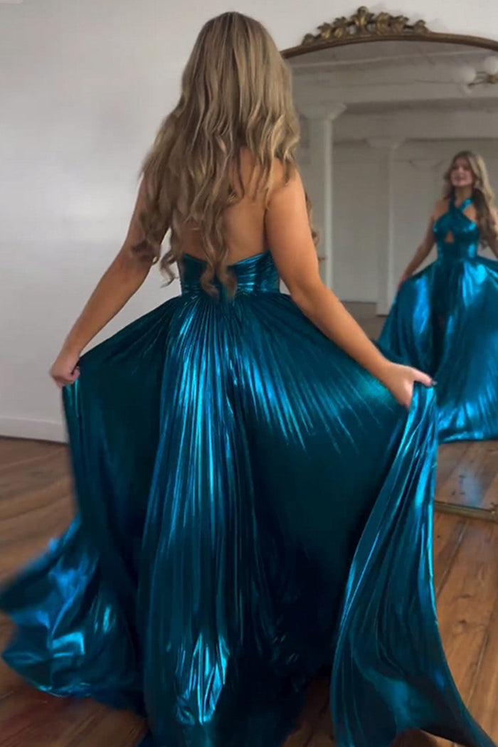 Unique Peacock Blue Halter Pleated A Line Homecoming Dress Cocktail Dress Y8891