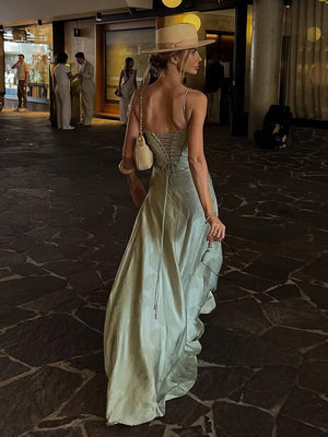 Phantasia | Sage - Mermaid Satin Spaghetti Straps Long Prom Dresses - KissProm