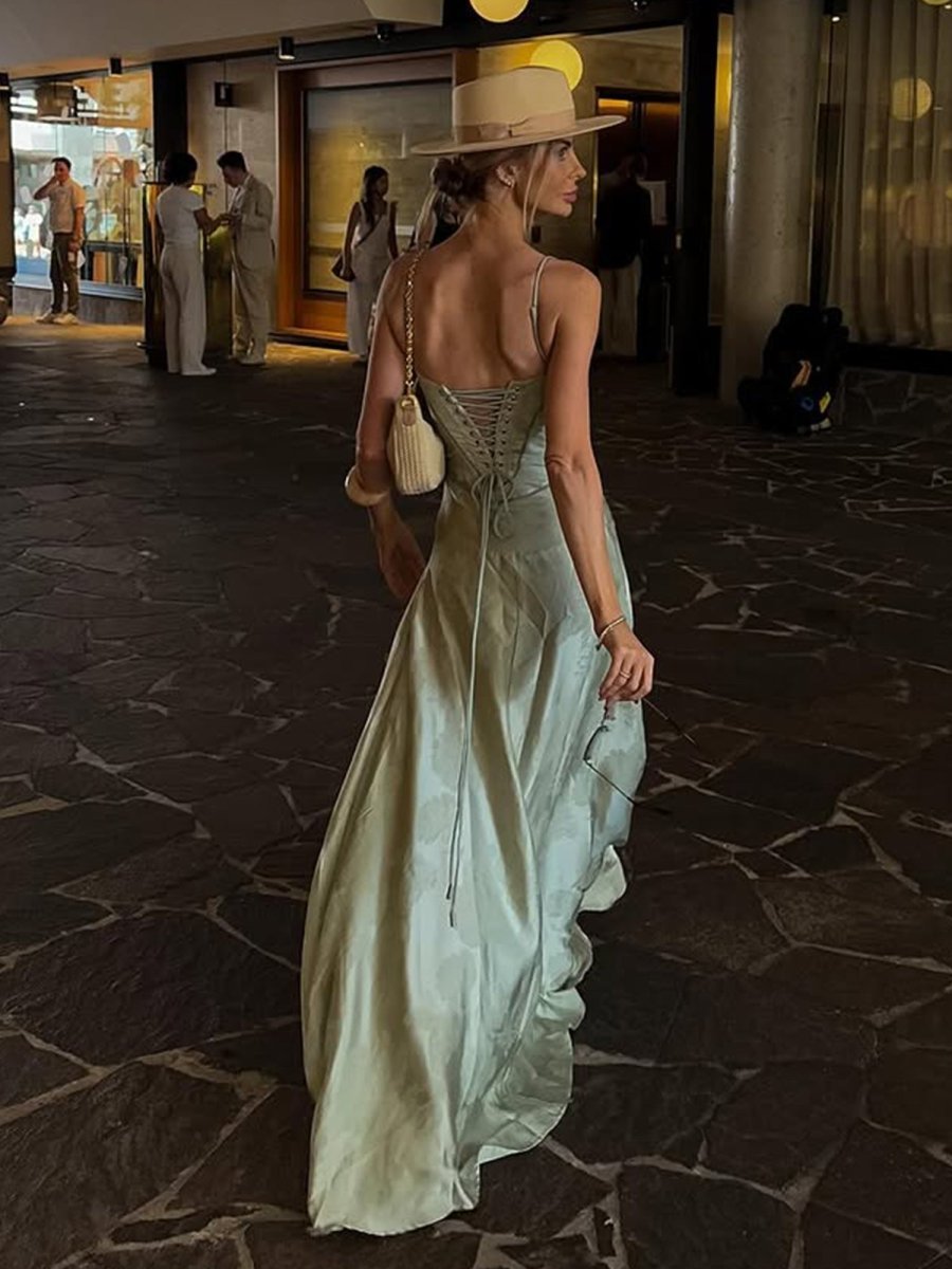 Sage Mermaid Satin Spaghetti Straps Long Prom Dresses – Prom Dresses by KissProm | Available at KissProm