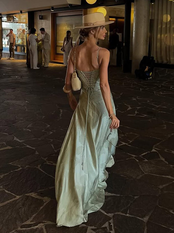Sage Mermaid Satin Spaghetti Straps Long Prom Dresses – Prom Dresses by KissProm | Available at KissProm
