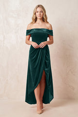 Pine Off-the-Shoulder Sheath Velvet Midi Bridesmaid Dress - KISSPROM