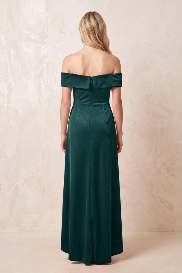 Pine Off-the-Shoulder Sheath Velvet Midi Bridesmaid Dress - KISSPROM