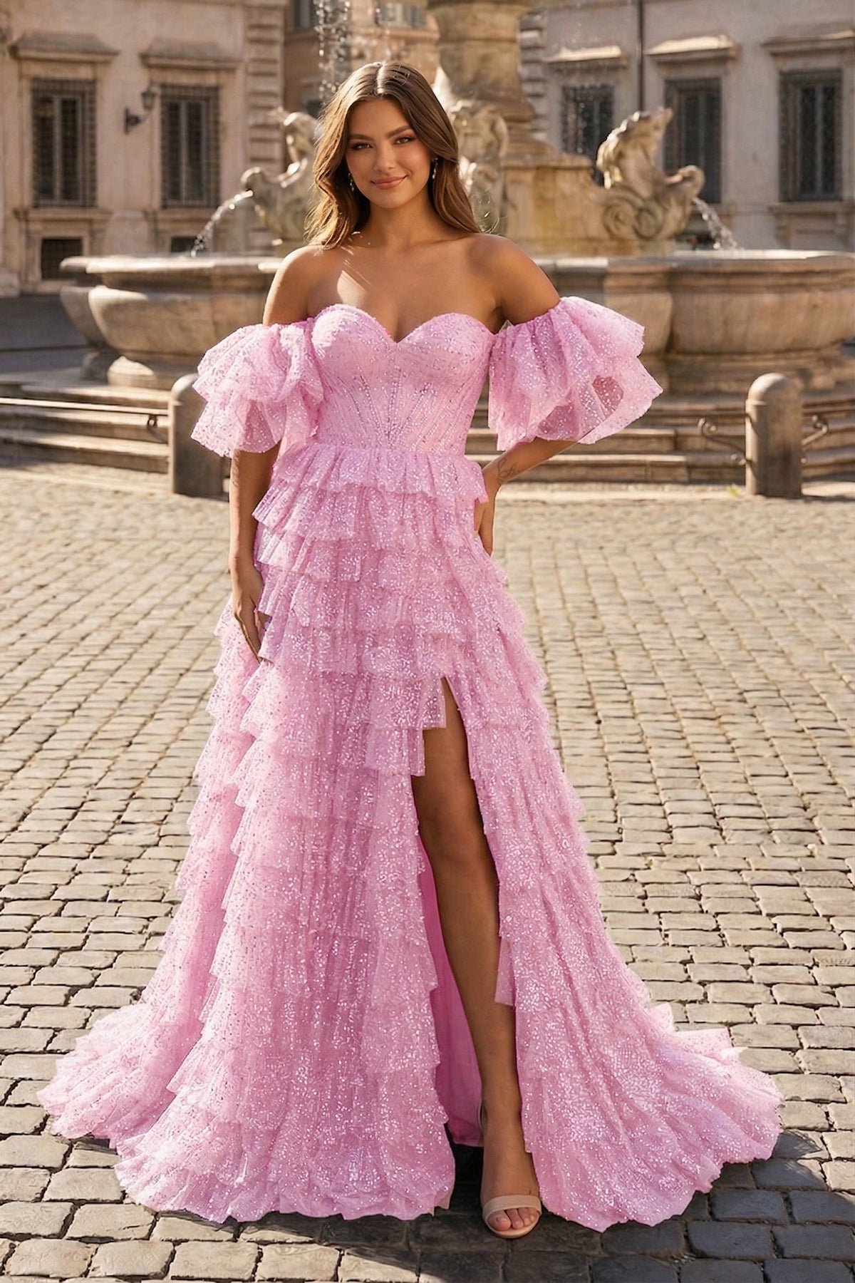 KissProm A line Off-the-Shoulder Glitter Tulle Prom Dress with Slit, Pink / 10