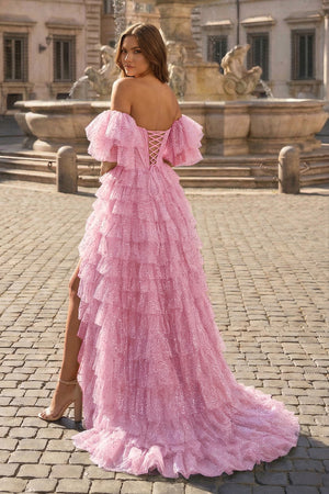 A line Off-the-Shoulder Glitter Tulle Prom Dress with Slit - KISSPROM PROM DRESSES