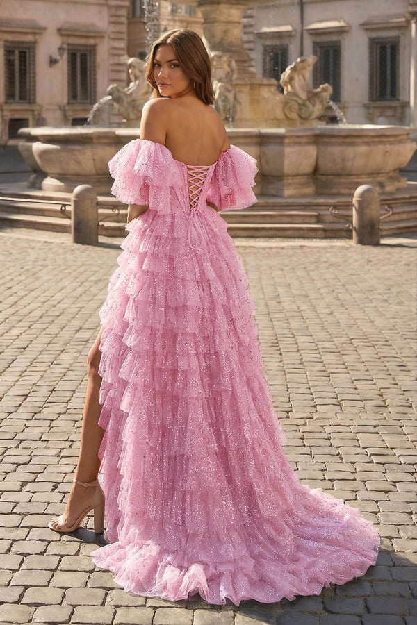 A line Off-the-Shoulder Glitter Tulle Prom Dress with Slit - KISSPROM PROM DRESSES