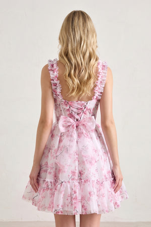 Blue Floral Printed Spaghetti Straps A-Line Short Corset Homecoming Dress - KissProm