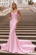 Hot Pink Floral Straps Mermaid Satin Long Prom Dress - KISSPROM PROM DRESSES