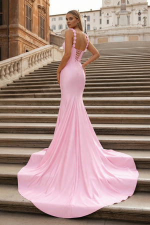 Hot Pink Floral Straps Mermaid Satin Long Prom Dress - KISSPROM PROM DRESSES