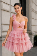 Princess Yellow One Shoulder Knotted Ruffle Short Party Dress - KissProm