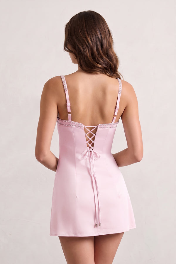 Pink Spaghetti Straps Satin Sheath Homecoming Dress With Rhinestones - KISSPROM