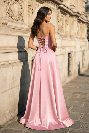 A Line Black Strapless Satin Prom Dresses With Slit - KissProm