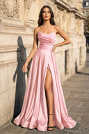 A Line Black Strapless Satin Prom Dresses With Slit – Prom Dress by KissProm | Available at KissProm