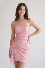 Pink Strapless Sheath Sequins Short Homecoming Dresses With Side Train - KissProm