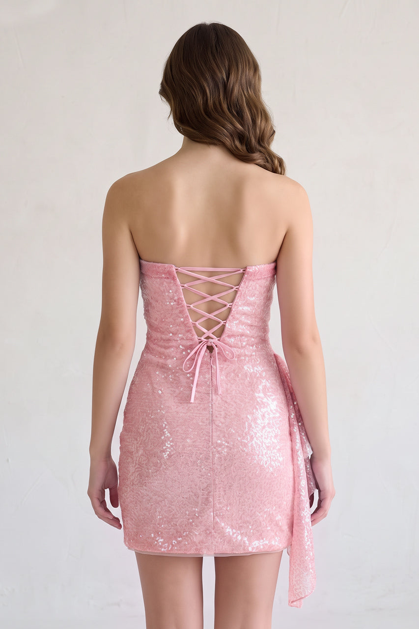 Pink Strapless Sheath Sequins Short Homecoming Dresses With Side Train - KissProm
