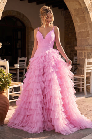 A-Line Spaghetti Straps Tiered Tulle Prom Dress - KissProm
