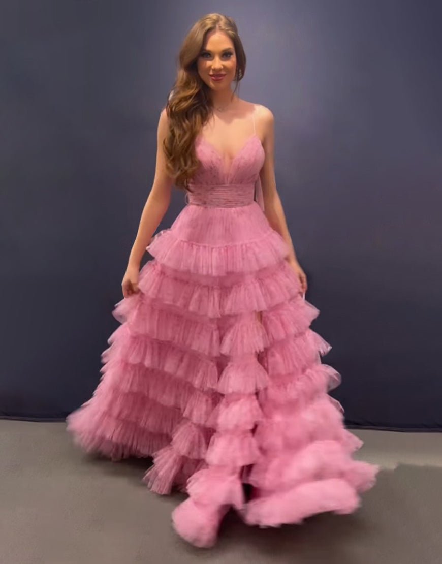 Ansley | Pink A Line Spaghetti Straps Open Back Tiered Long Prom Dress - KissProm
