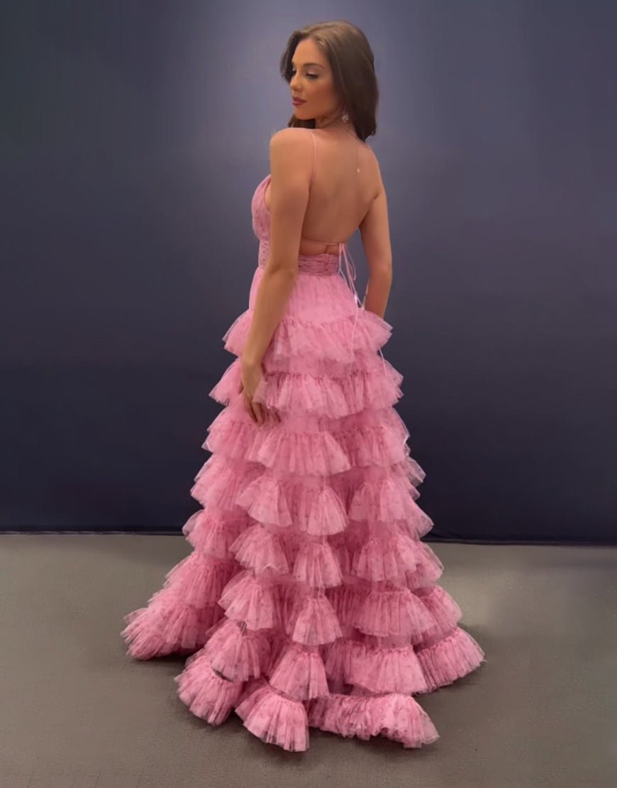 Ansley | Pink A Line Spaghetti Straps Open Back Tiered Long Prom Dress - KissProm