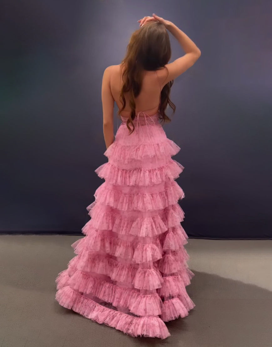 Ansley | Pink A Line Spaghetti Straps Open Back Tiered Long Prom Dress