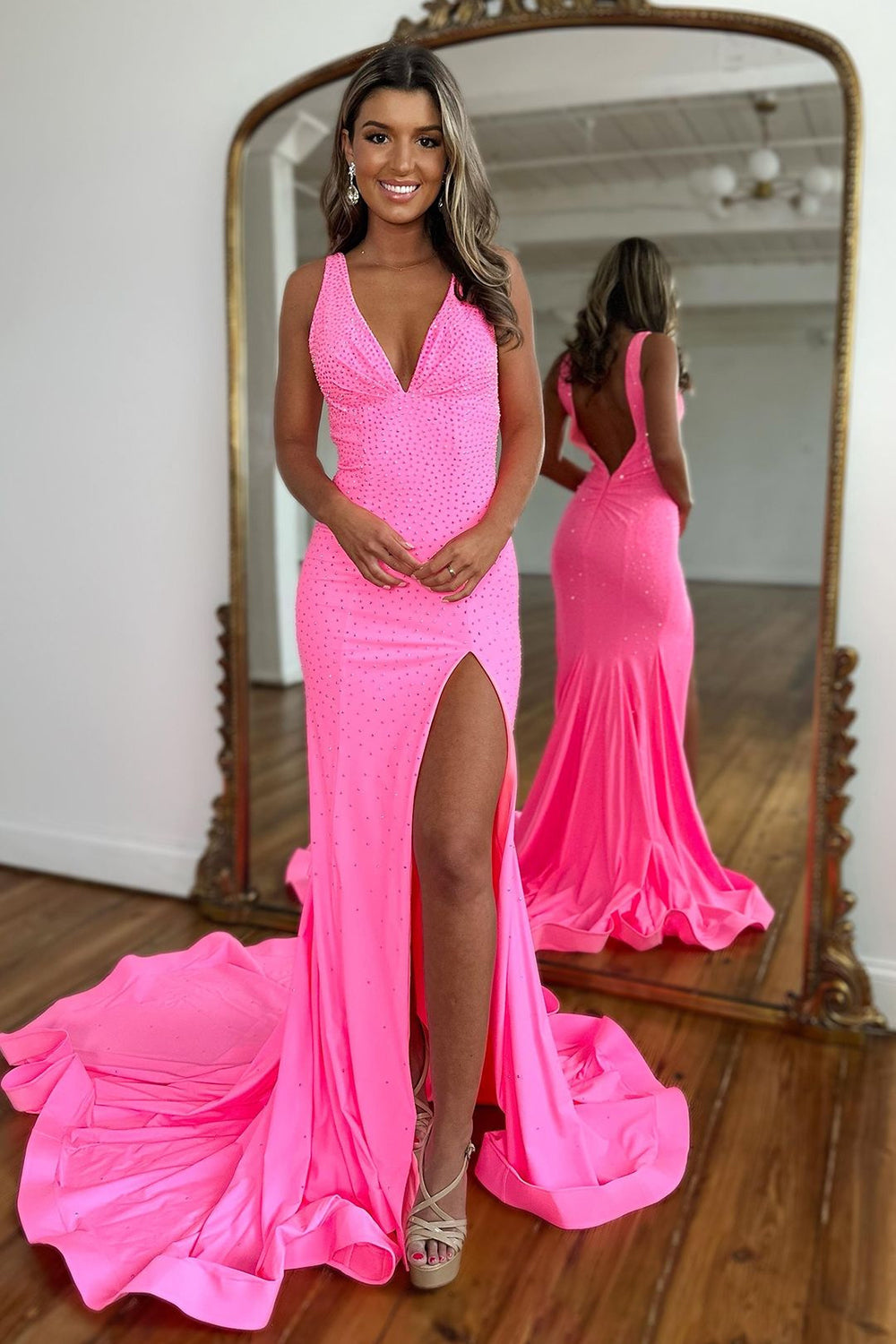 Sparkly Pink Mermaid V-Neck Sweep Train Beaded Prom Dress With Split