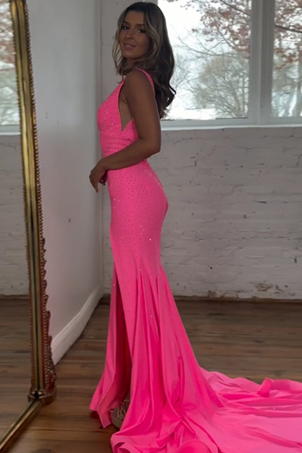 Sparkly Pink Mermaid V-Neck Sweep Train Beaded Prom Dress With Split