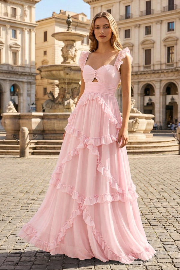 A-Line Straps Sky Blue Chiffon Ruffles Long Prom Dress A-Line Straps Sky Blue Chiffon Ruffles Long Prom Dress