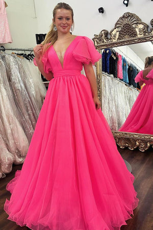 Orange Plunge V Ruffled Sleeve A-Line Long Formal Dress