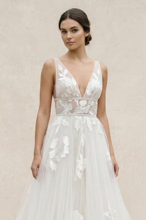 Marvelous V-neck A-Line Wedding Dress Tulle Appliques Rustic Wedding Dress – Wedding Dresses by KissProm | Available at KissProm