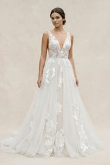 Marvelous V-neck A-Line Wedding Dress Tulle Appliques Rustic Wedding Dress – Wedding Dresses by KissProm | Available at KissProm