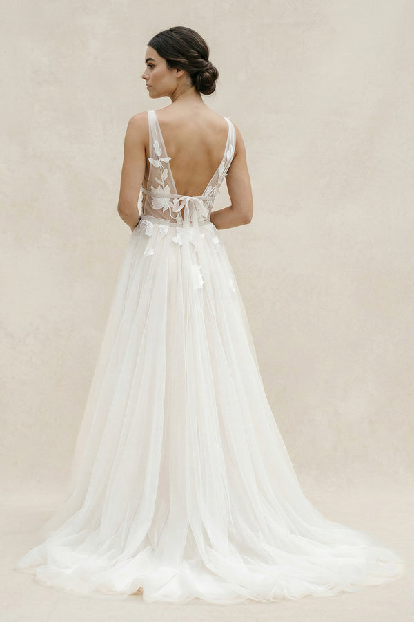 Marvelous V-neck A-Line Wedding Dress Tulle Appliques Rustic Wedding Dress – Wedding Dresses by KissProm | Available at KissProm