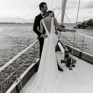 Mermaid Chiffon Detachable Drape Back V-neck Satin Wedding Dresses