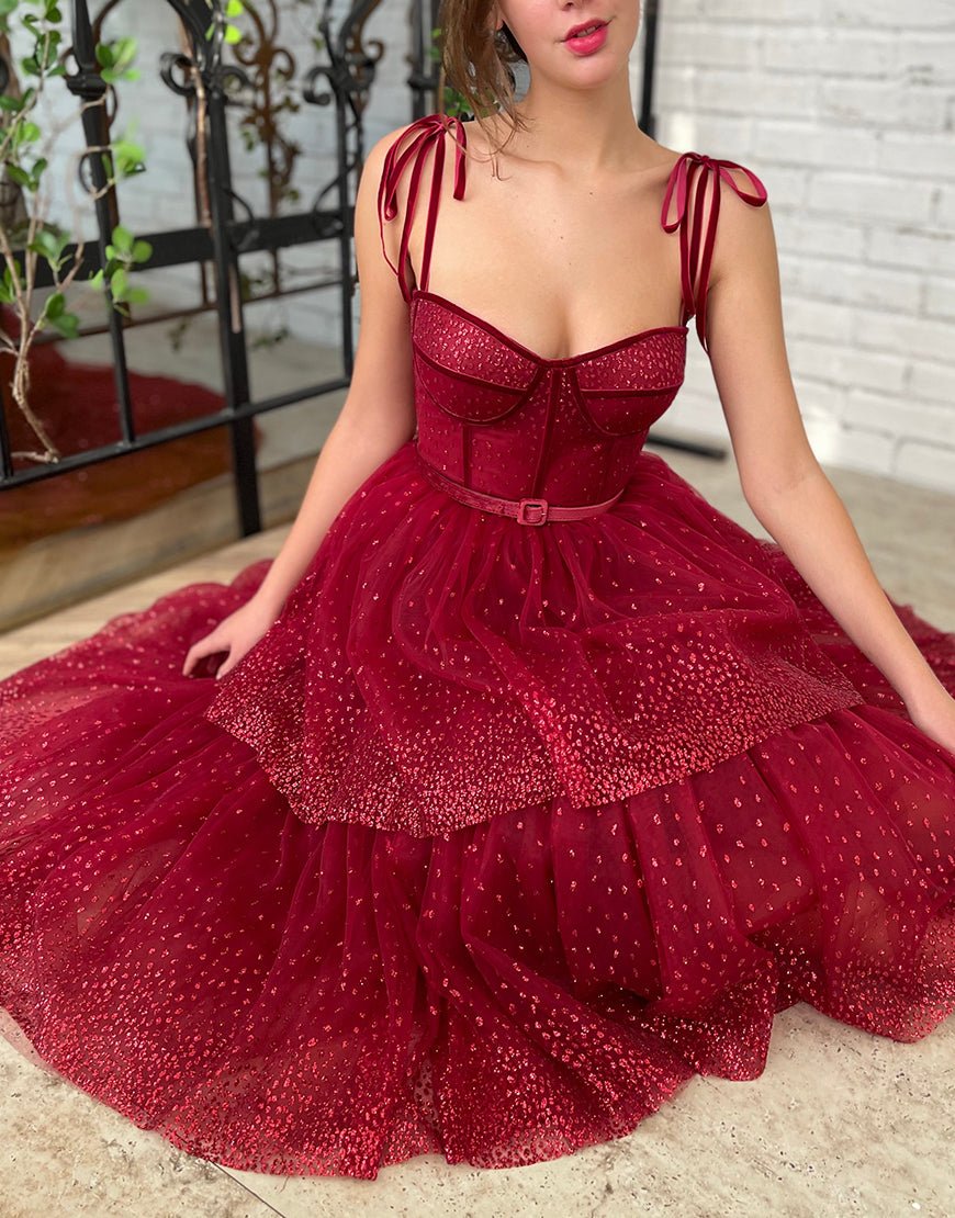Alyson | Tulle Dark Red Glitter Homecoming Dress - KissProm