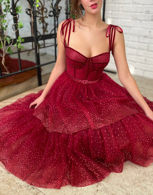 Alyson | Tulle Dark Red Glitter Homecoming Dress - KissProm