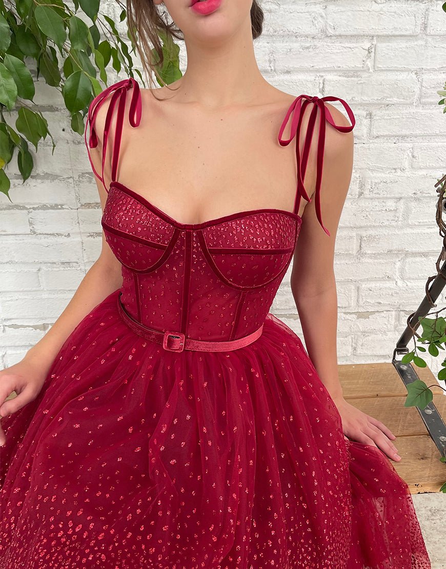 Alyson | Tulle Dark Red Glitter Homecoming Dress - KissProm