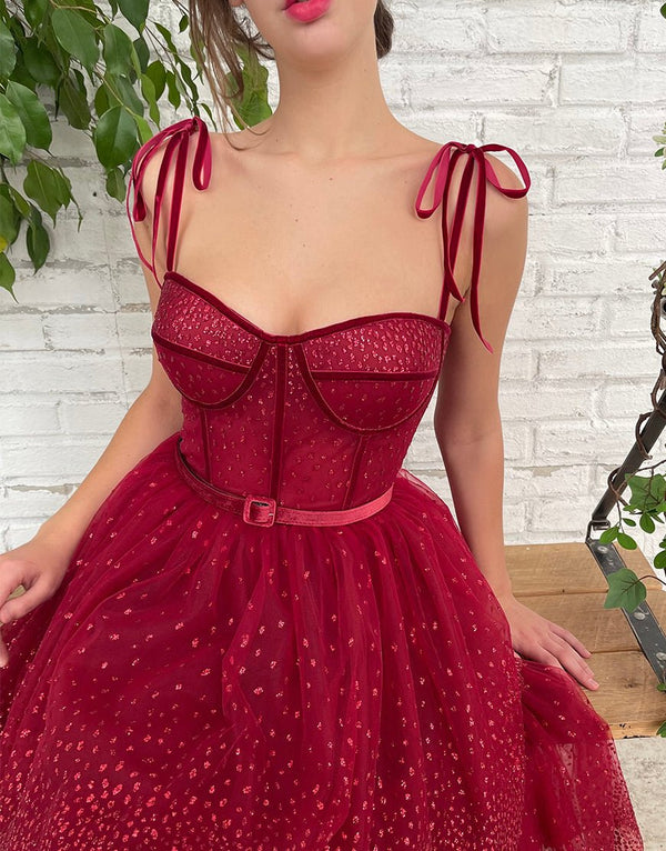 Alyson | Tulle Dark Red Glitter Homecoming Dress - KissProm