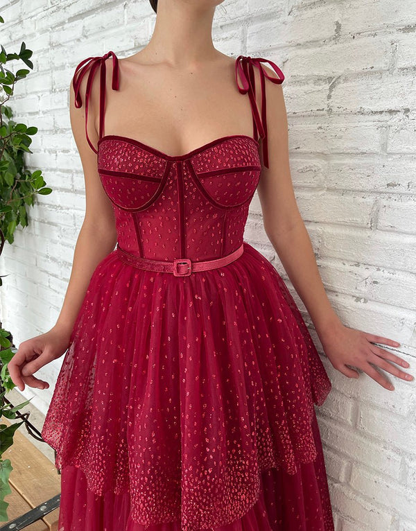 Alyson | Tulle Dark Red Glitter Homecoming Dress - KissProm