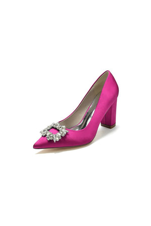Pointed Toe Block Heels with Rhinestone - KissProm