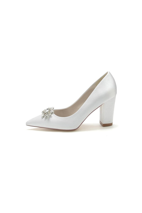 Pointed Toe Chunky Heels with Rhinestone - KissProm