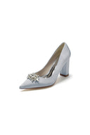 Pointed Toe Chunky Heels with Rhinestone - KissProm