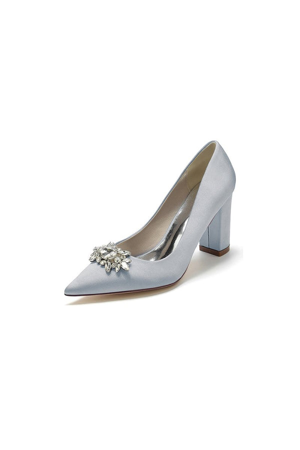 Pointed Toe Chunky Heels with Rhinestone - KissProm