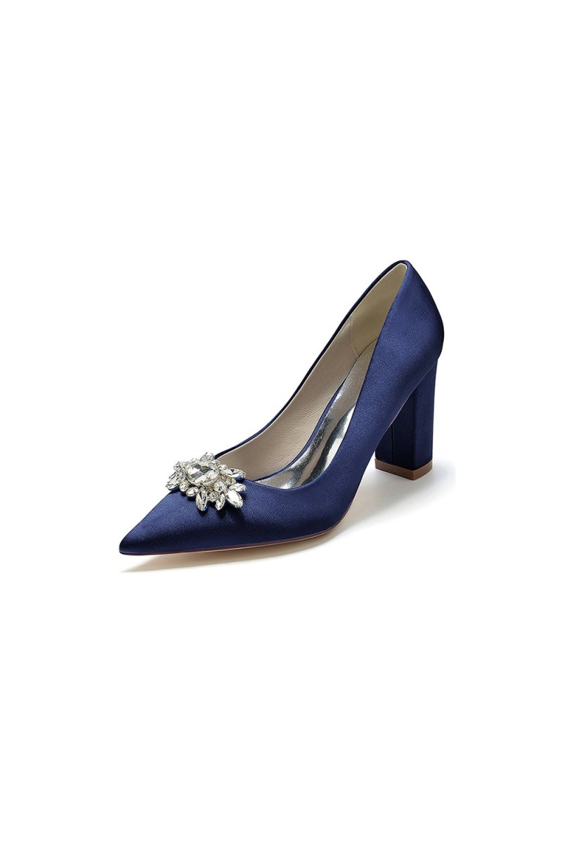 Pointed Toe Chunky Heels with Rhinestone - KissProm