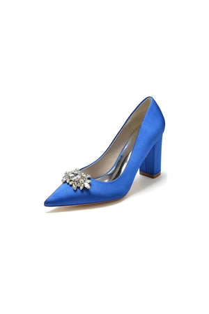 Pointed Toe Chunky Heels with Rhinestone - KissProm