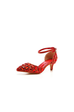 Pointed Toe Crystal Diamond Ankle Strap Kitten Heels - KissProm