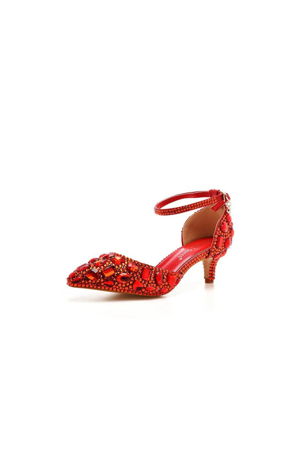 Pointed Toe Crystal Diamond Ankle Strap Kitten Heels - KissProm