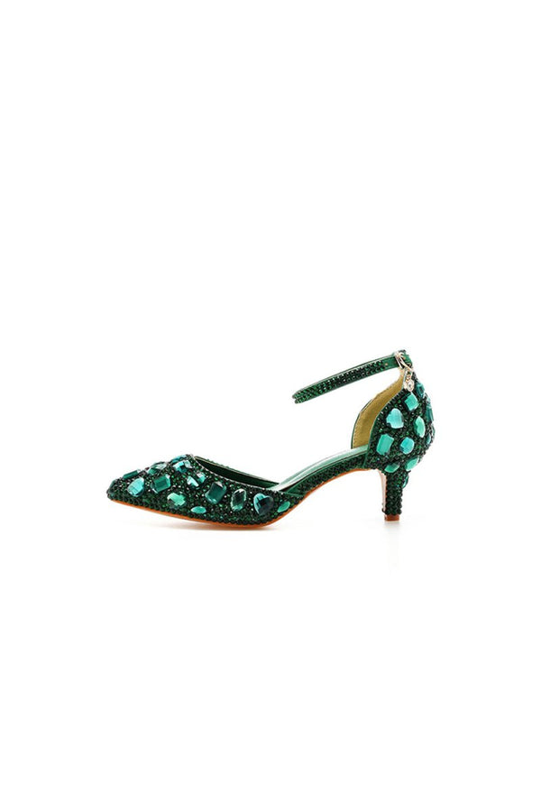 Pointed Toe Crystal Diamond Ankle Strap Kitten Heels - KissProm