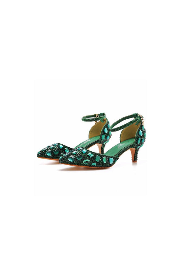 Pointed Toe Crystal Diamond Ankle Strap Kitten Heels - KissProm
