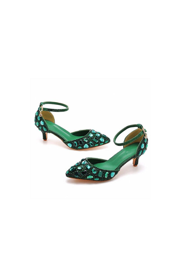 Pointed Toe Crystal Diamond Ankle Strap Kitten Heels - KissProm