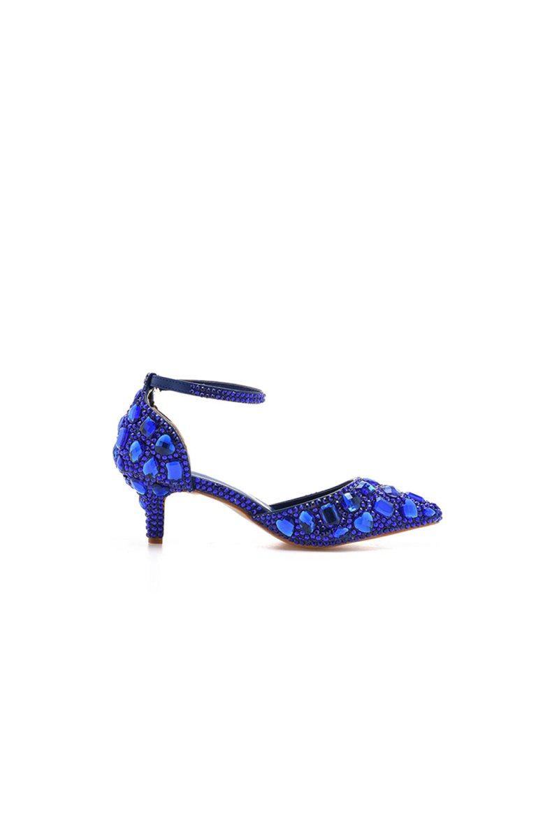 Pointed Toe Crystal Diamond Ankle Strap Kitten Heels - KissProm