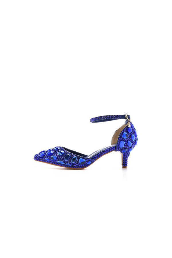 Pointed Toe Crystal Diamond Ankle Strap Kitten Heels - KissProm