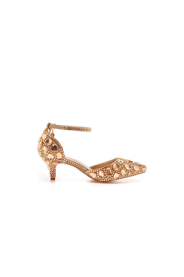 Pointed Toe Crystal Diamond Ankle Strap Kitten Heels - KissProm